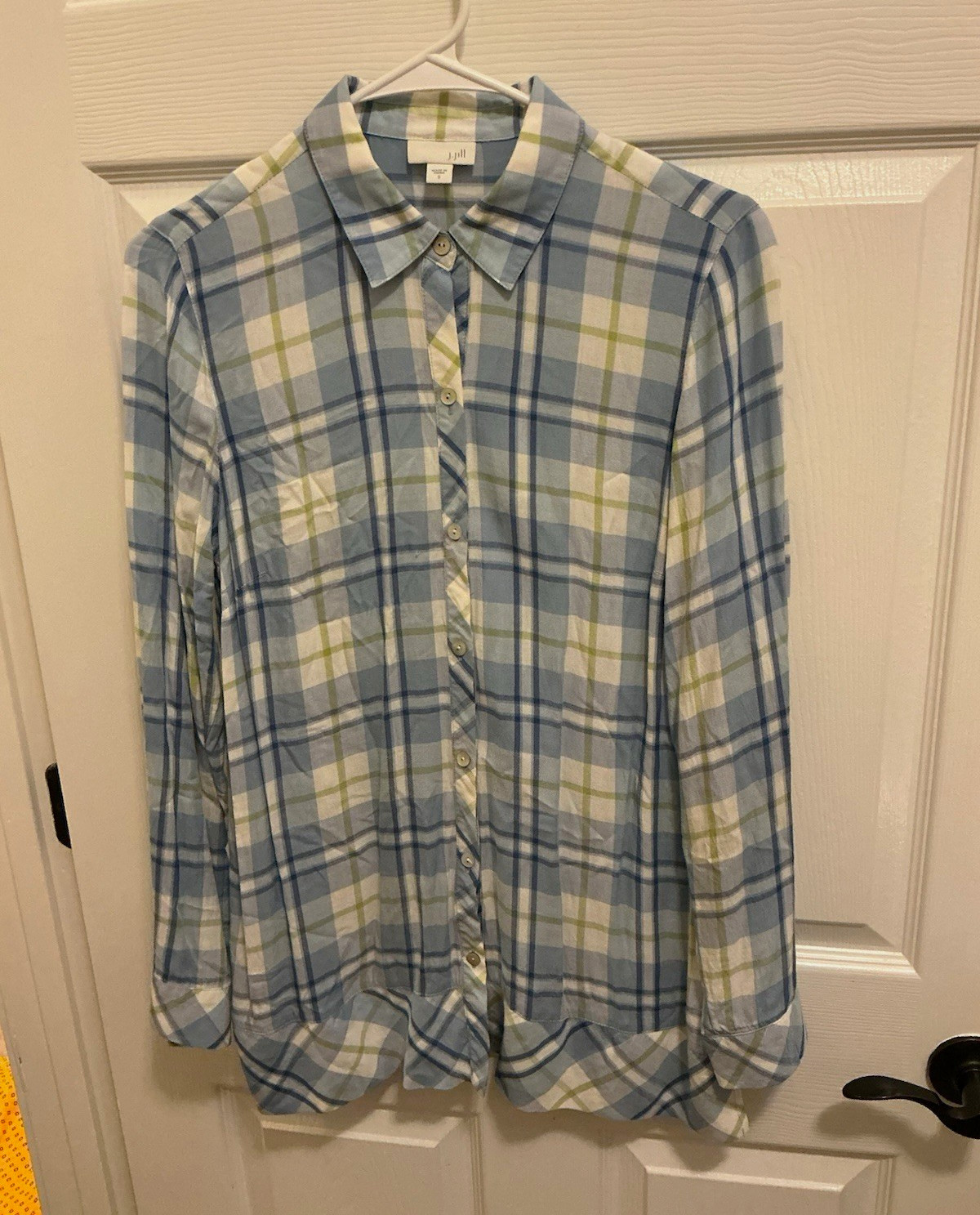 J. Jill women’s S Plaid Long Sleeve Button-Up Shirt Woven Rayon Viscose Blue