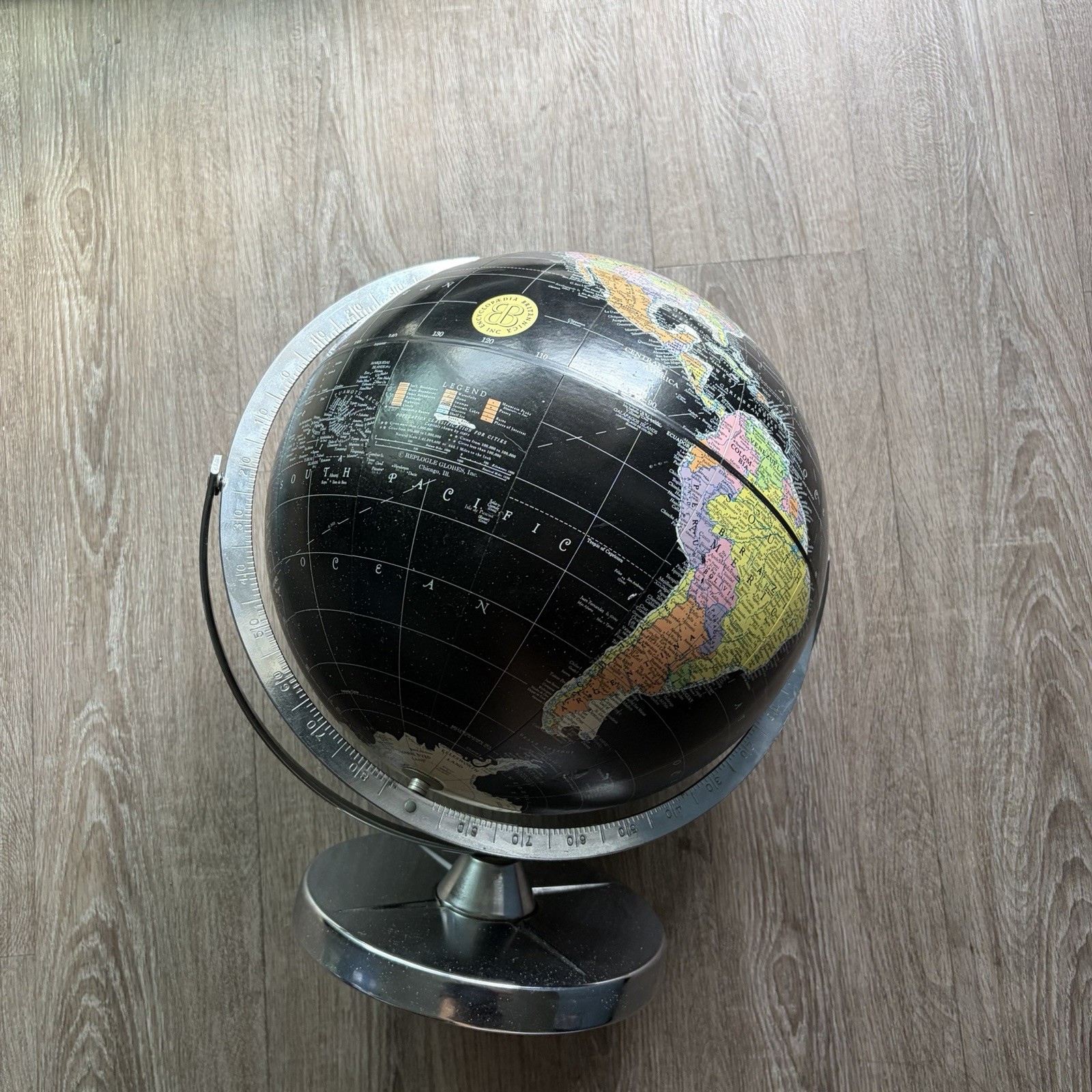 VINTAGE 1960\'s Encyclopedia Britannica 12” Desk Globe Black Ocean & Chrome Base