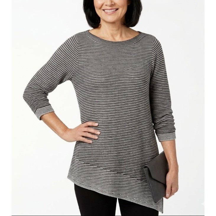New Chico\'s Sweater size XL/3 Gray Striped Knit Side Knit Asymmetric Hem Tunic New Chico\'s Sweater size XL/3 Gray Striped Knit Side Knit Asymmetric Hem Tunic