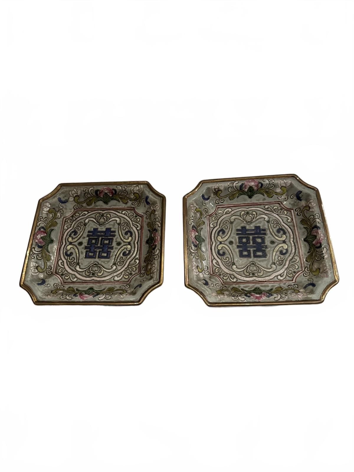2 Rare Chinese Plates Gilt Qing Tongzhi Good Health Fortune Famille Rose Hexagon
