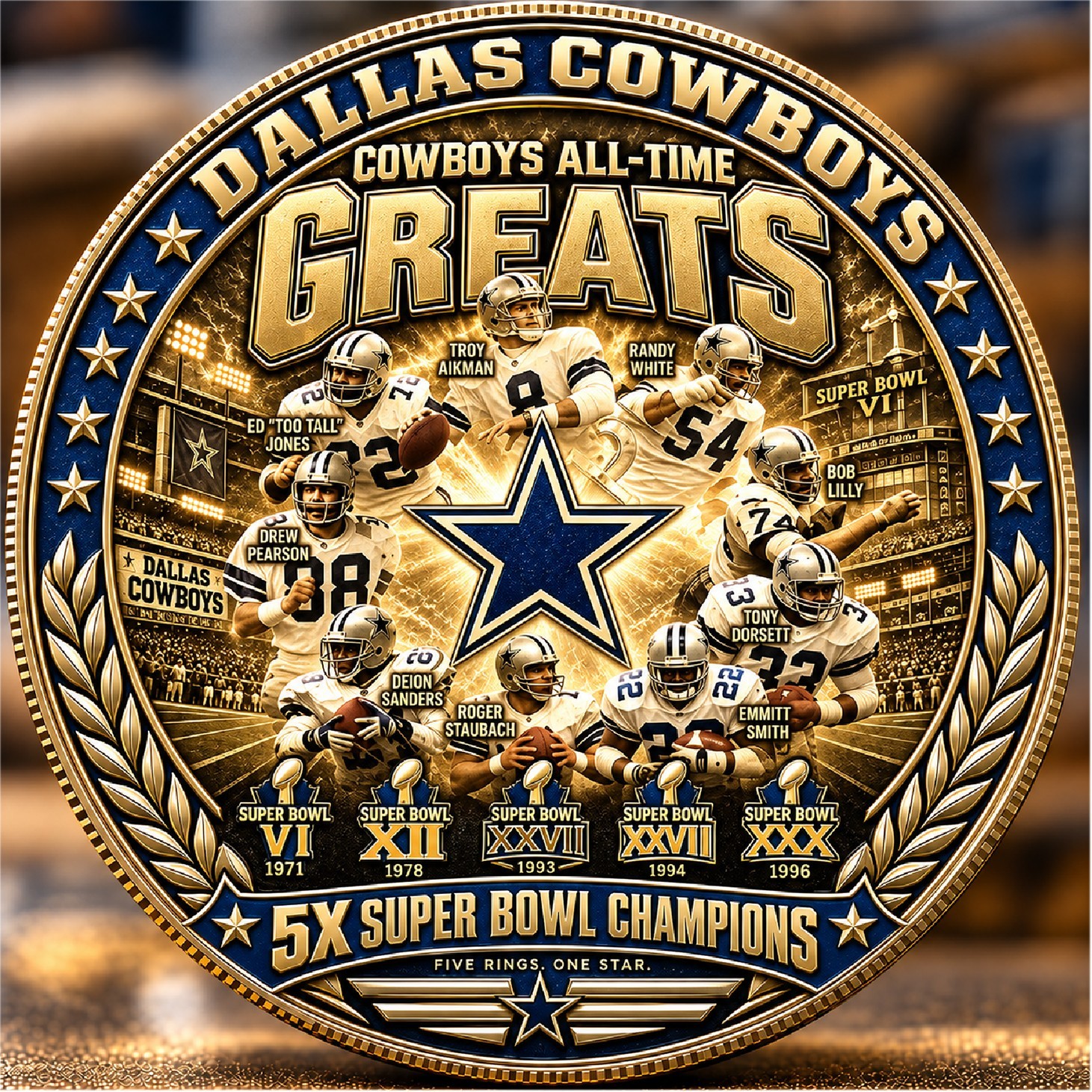 Dallas Cowboys All-Time Greats Challenge Coin Troy Aikman Emmitt Smith Gold