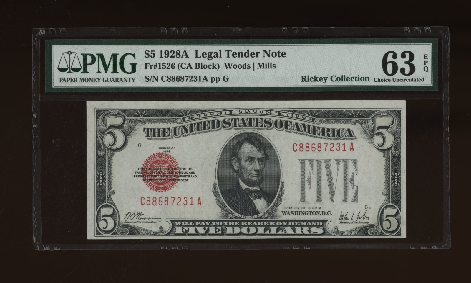 DBR 1928-A $5 Legal Fr. 1526 CA Block PMG 63 EPQ Serial C88687231A DBR 1928-A $5 Legal Fr. 1526 CA Block PMG 63 EPQ Serial C88687231A