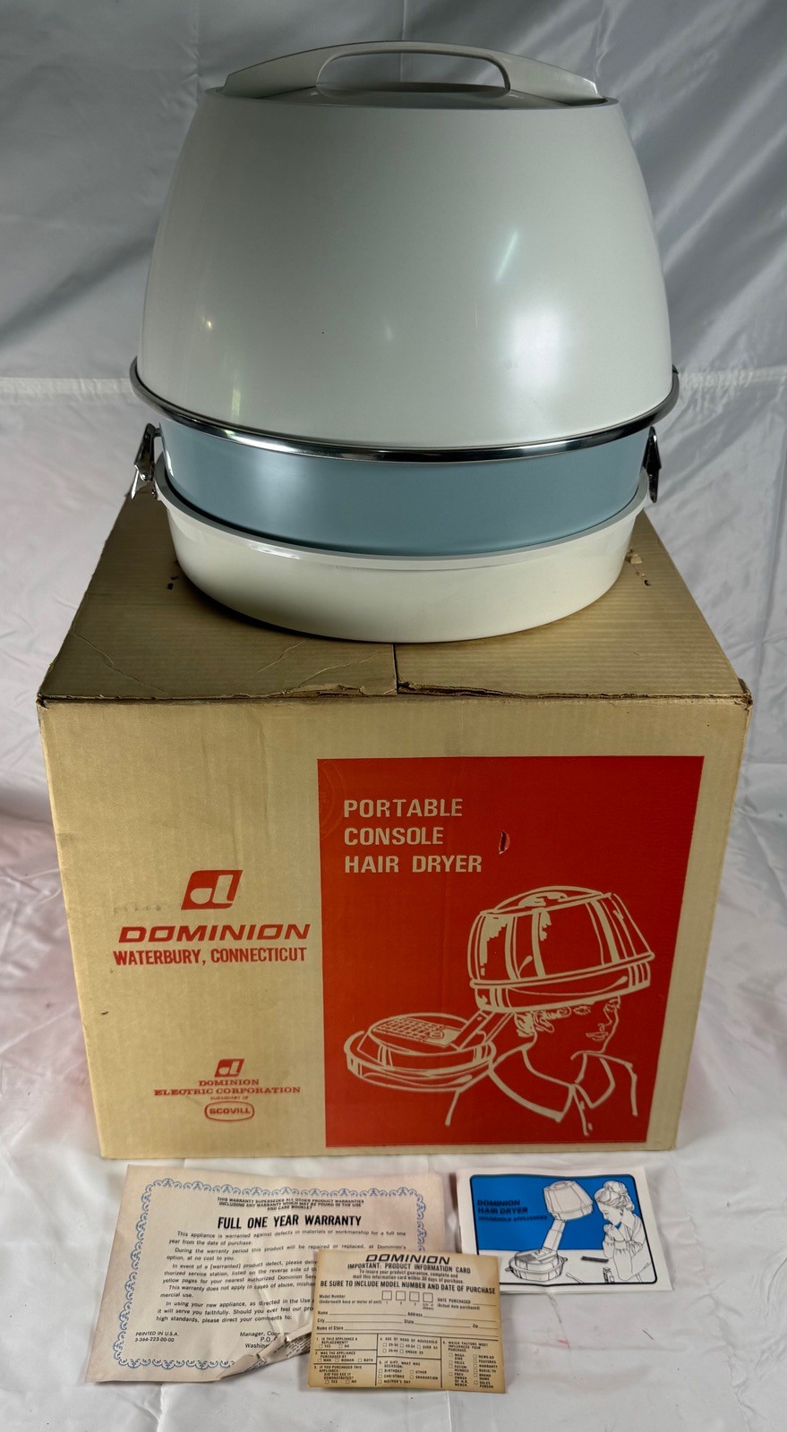 Vintage Dominion Model 1845 Hood Bonnet Hair Dryer Tested Works Box Manual 750W