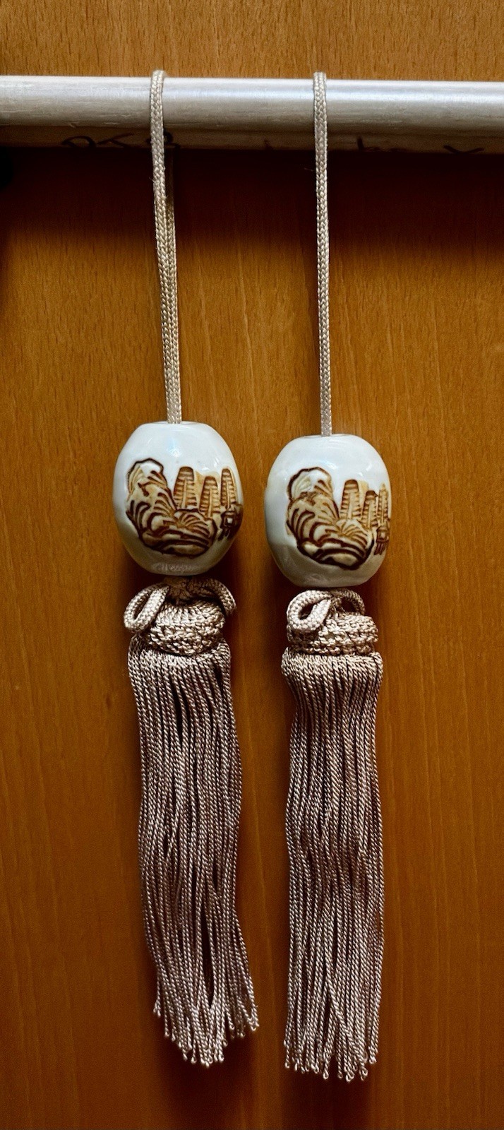 Japanese Porcelain Cityscape Hanging Scroll Weights Fuchin Pair w/ Gold Tassels