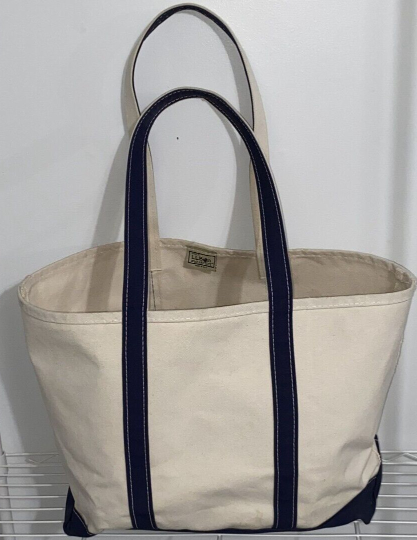 Large Vintage L.L. LL Bean Boat & Tote Canvas Bag With Navy Blue Straps