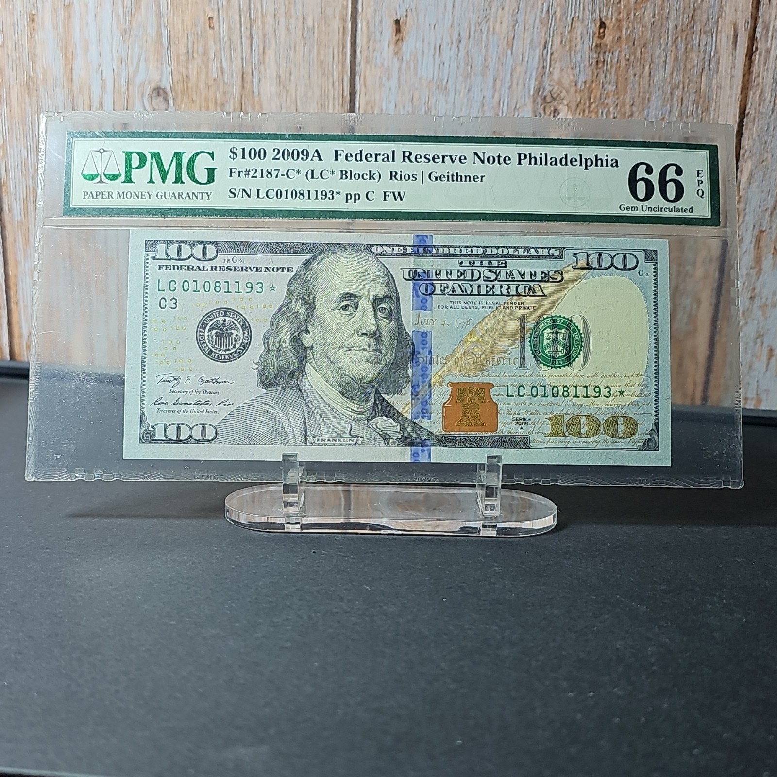PMG graded 66 EPQ 2009A $100 Federal Reserve STAR Note Philadelphia Uncirculated
