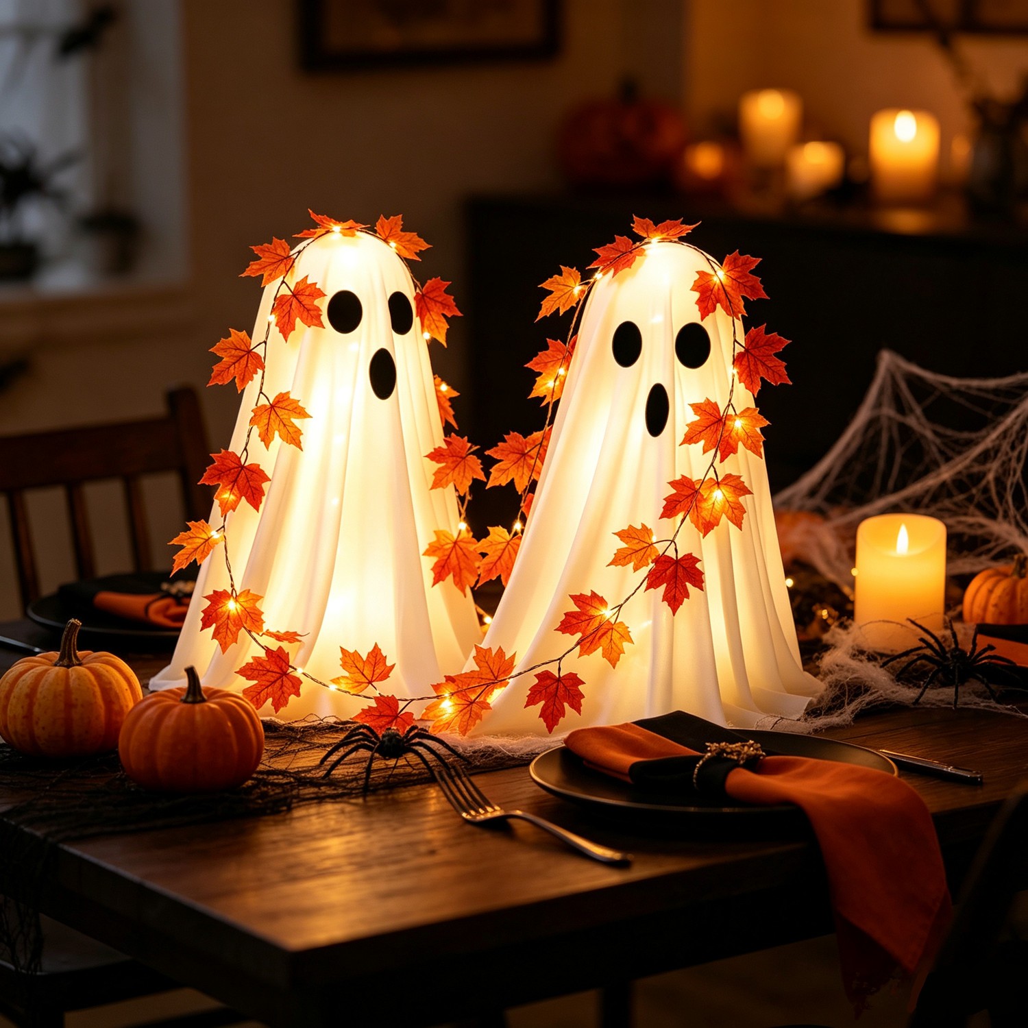 2pcs Halloween Decoration Spooky Light up Ghost with 9ft Maple Leaf Light String