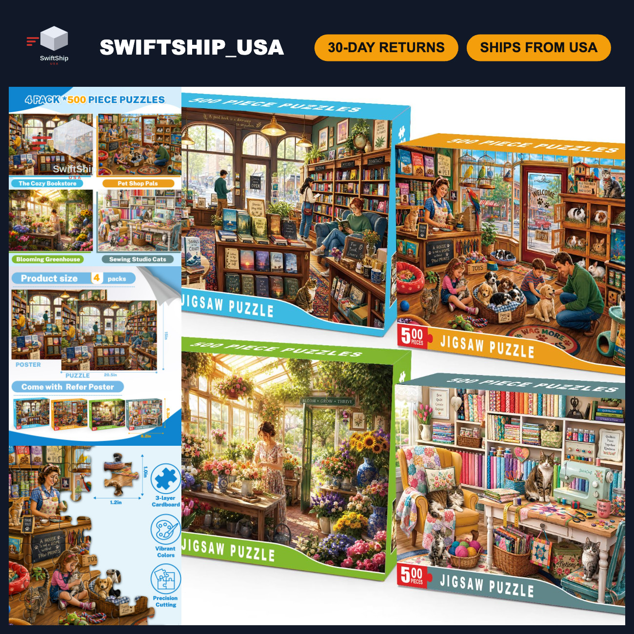 4-Pack 500 Piece Jigsaw Puzzles for Adults - Cute Animal & Flower Designs, Famil