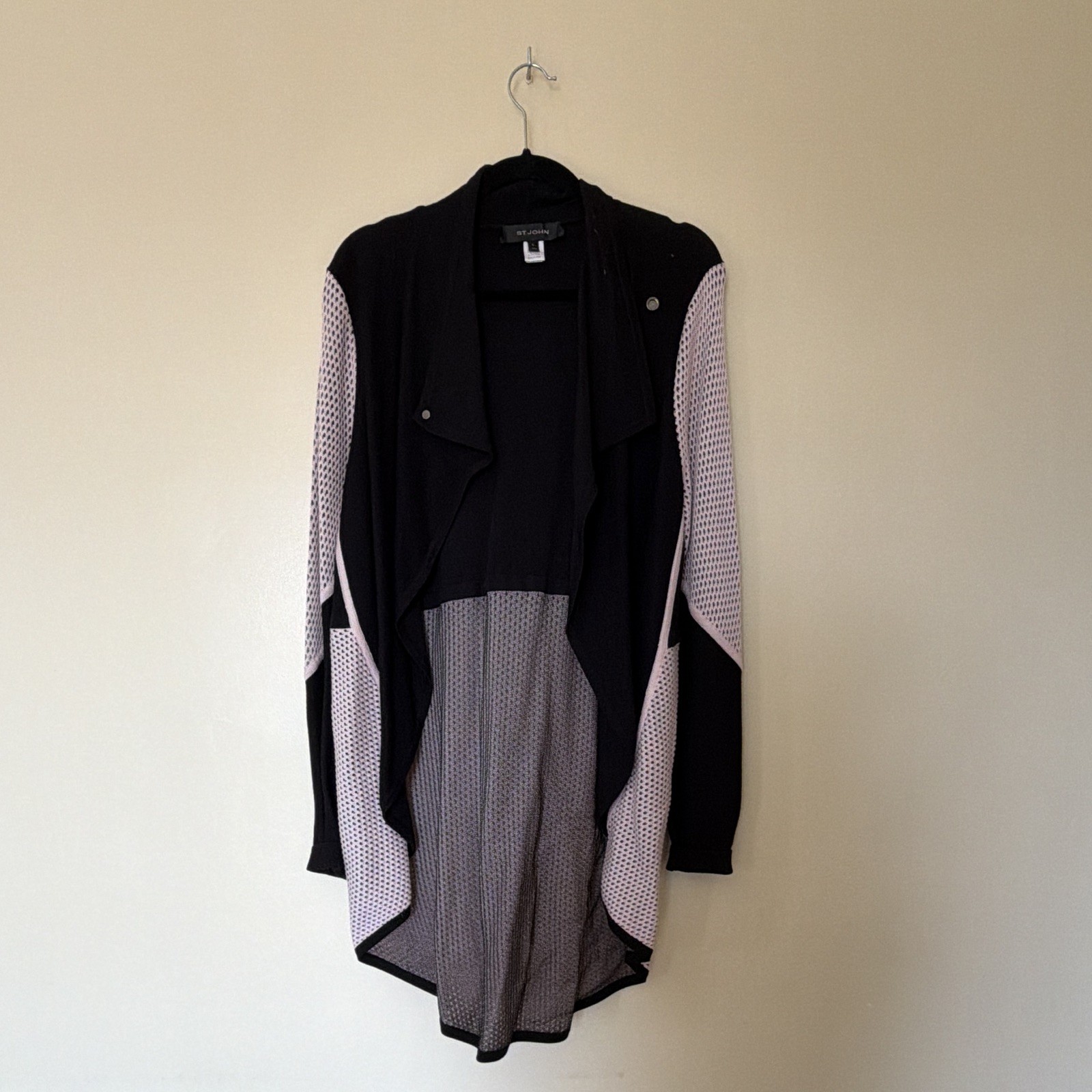 St John Pink Size Large Mesh And Black Long Jacket Sweater Length 34in St John Pink Size Large Mesh And Black Long Jacket Sweater Length 34in