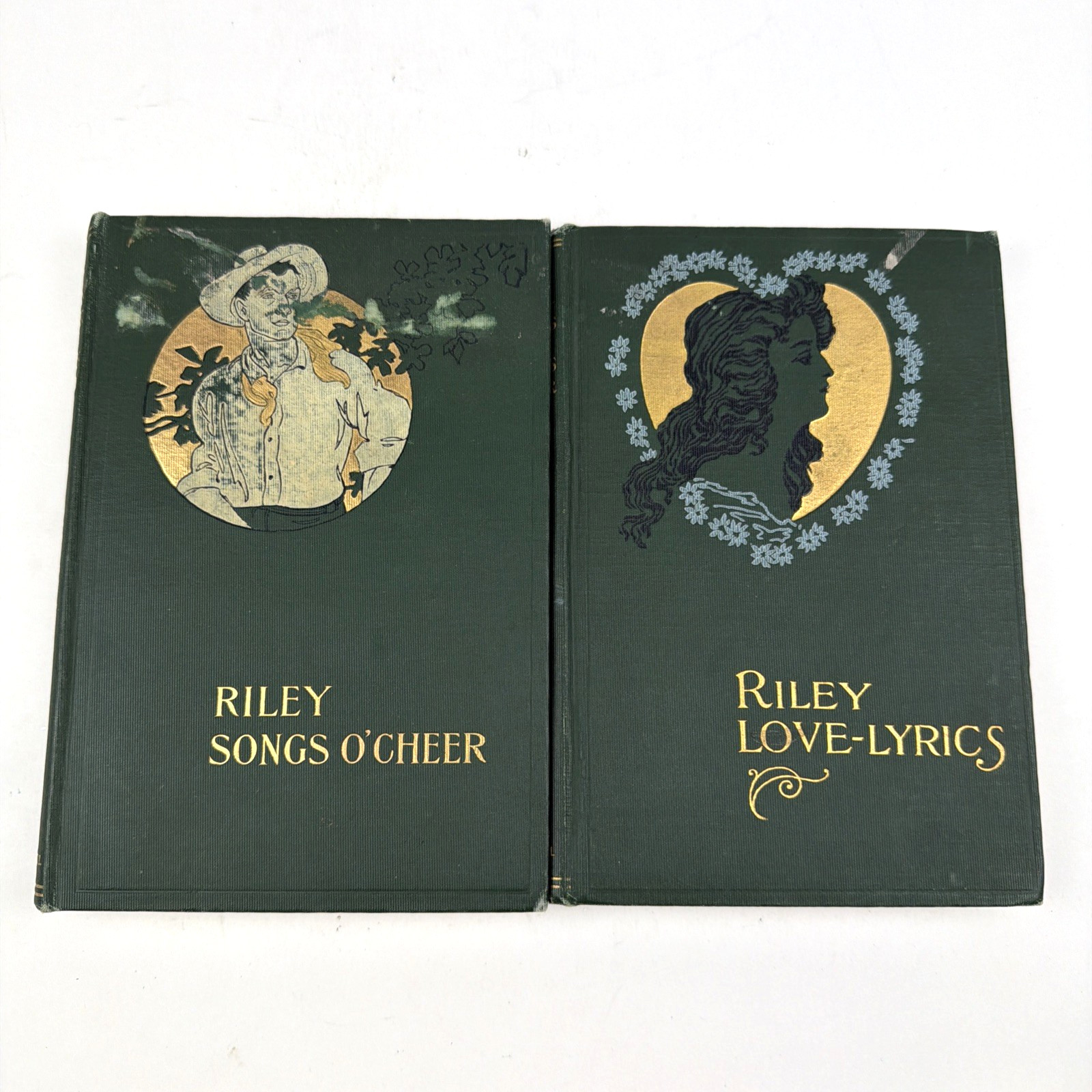 Lot of 2 Antique Books HC 1905 James Whitcomb Riley Love Lyrics & Songs O Cheer