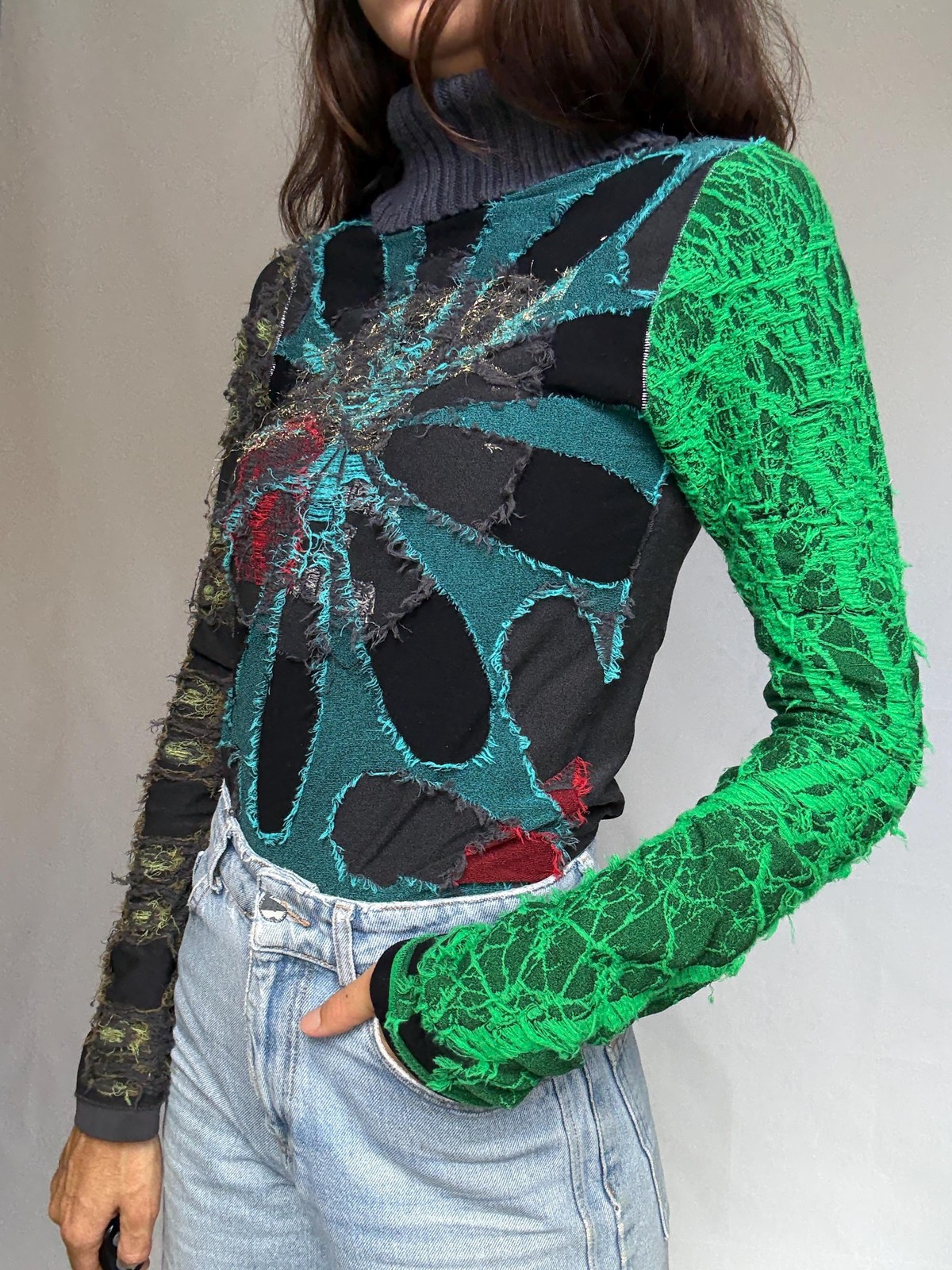Desigual multicolor turtleneck sweater, cotton feel, relaxed fit, patchwork desi