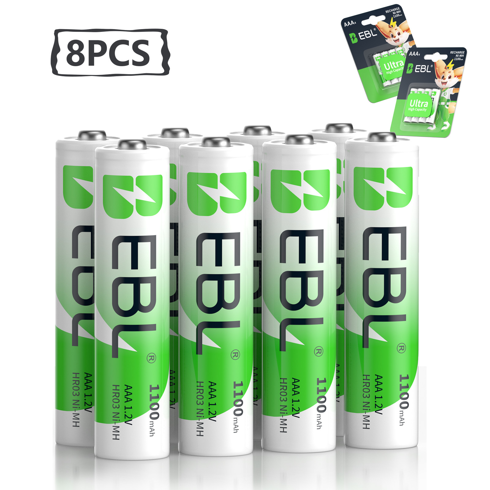 EBL 8 Packs Rechargeable AAA Batteries 1100mAh 1.2V Ni-MH Triple A Battery NiMH