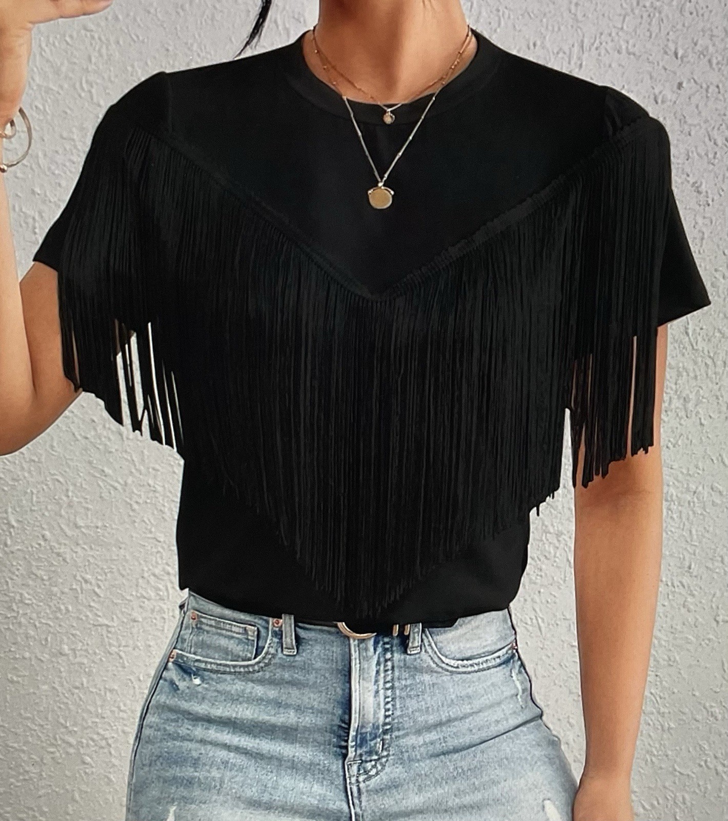 Black Tee with Fringe Short Sleeve Large Black Tee with Fringe Short Sleeve Large