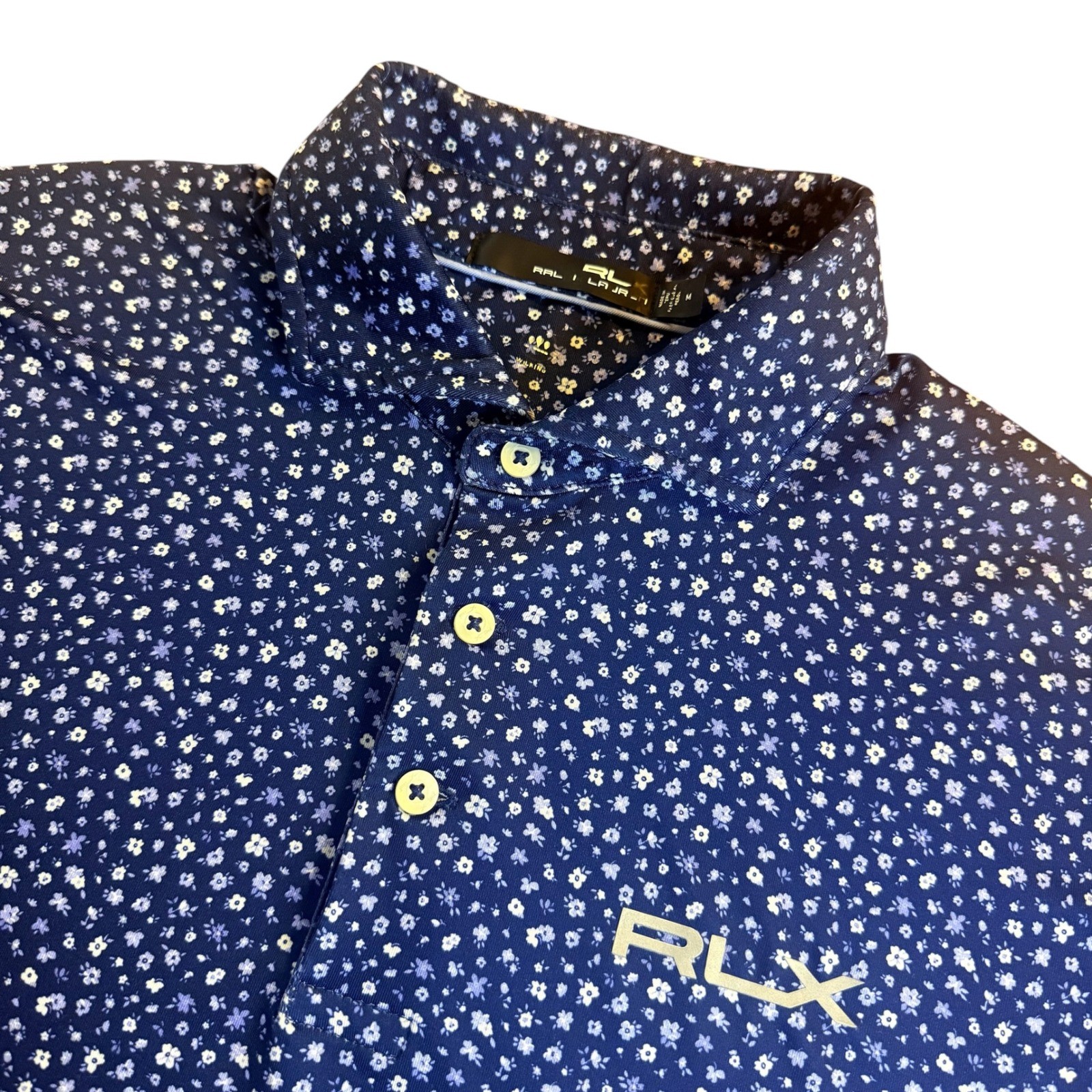 RLX Ralph Lauren Mens M Blue Floral Performance Golf Polo Shirt Short Sleeve RLX Ralph Lauren Mens M Blue Floral Performance Golf Polo Shirt Short Sleeve