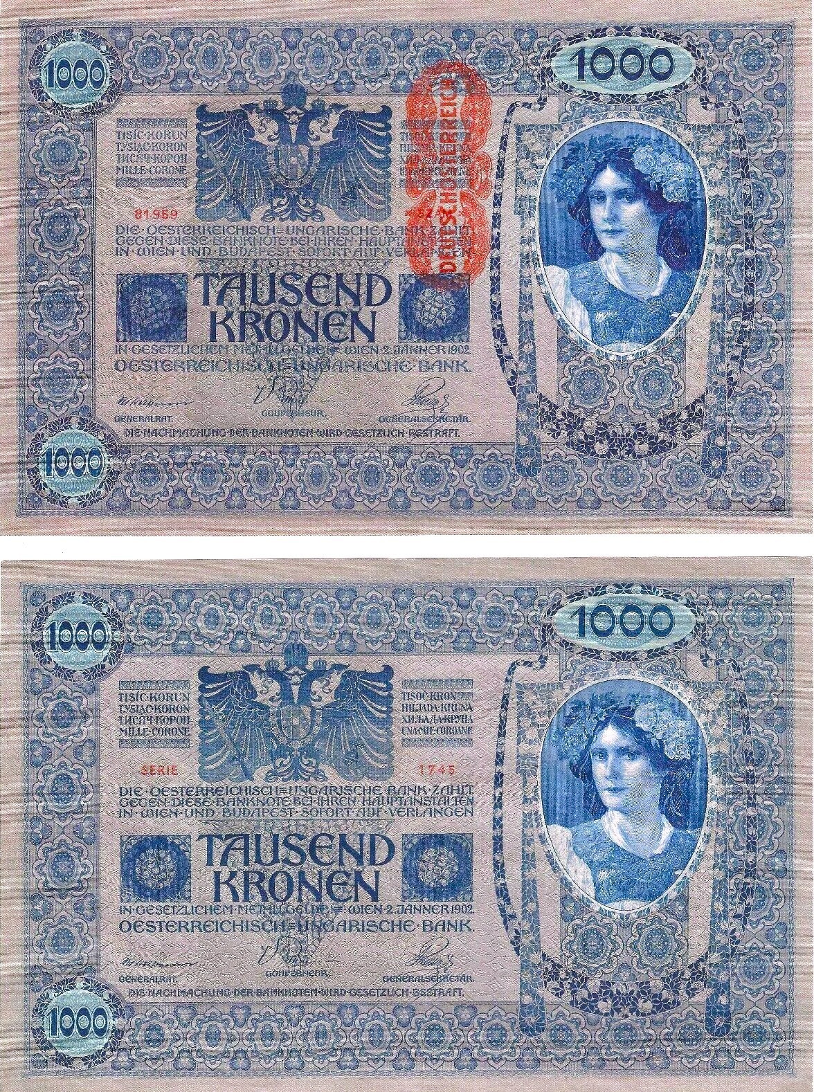 AUSTRIA-HUNGARY 1902 (1919) 1000 Kronen  WITH OVERPRINT P-59 UNC