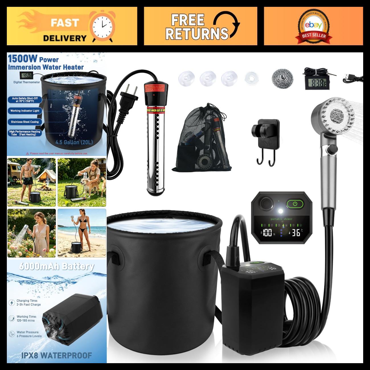 Portable Camping Shower with Heater, 6000mAh Pump, 1500W Hot Water, 20L Bucket, Portable Camping Shower with Heater, 6000mAh Pump, 1500W Hot Water, 20L Bucket,