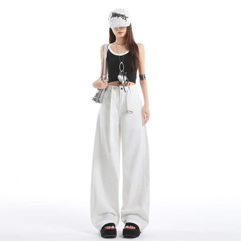 Spring and Autumn Retro High-Waist Belt Design Wide-Leg Pants for Women New Loos