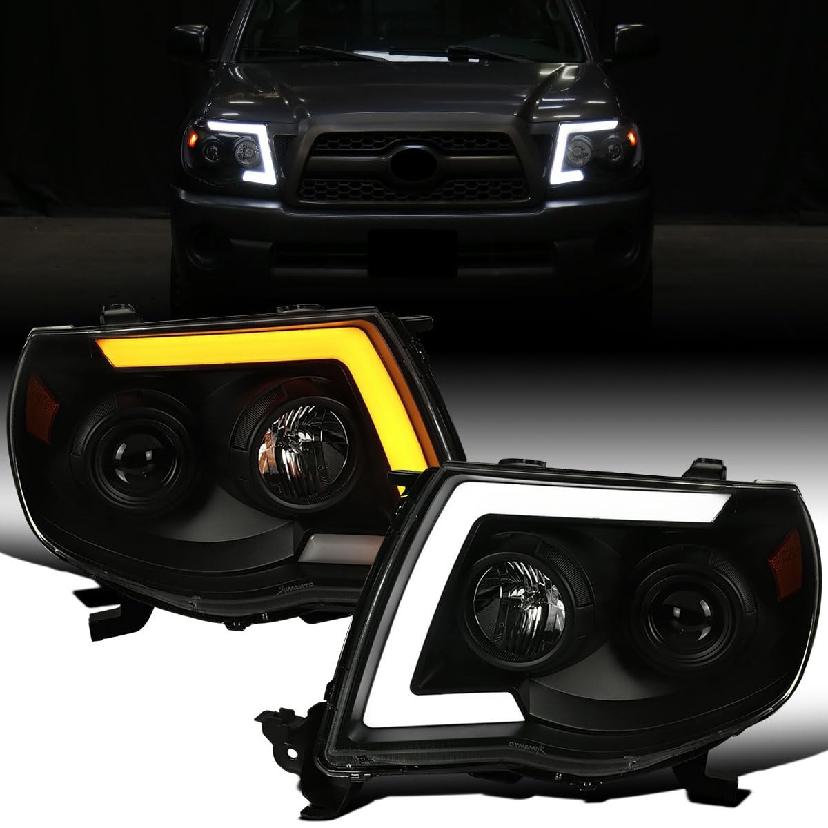 2005-2011 Toyota Tacoma LED Sequential Projector Headlights Pair Black Smoke