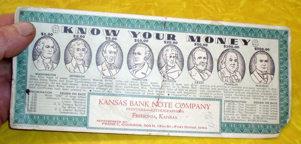 ANTIQUE KNOW YOUR MONEY KANSAS BANK NOTE WASHINGTON LINCOLN GRANT FRANKLIN ADVT ANTIQUE KNOW YOUR MONEY KANSAS BANK NOTE WASHINGTON LINCOLN GRANT FRANKLIN ADVT