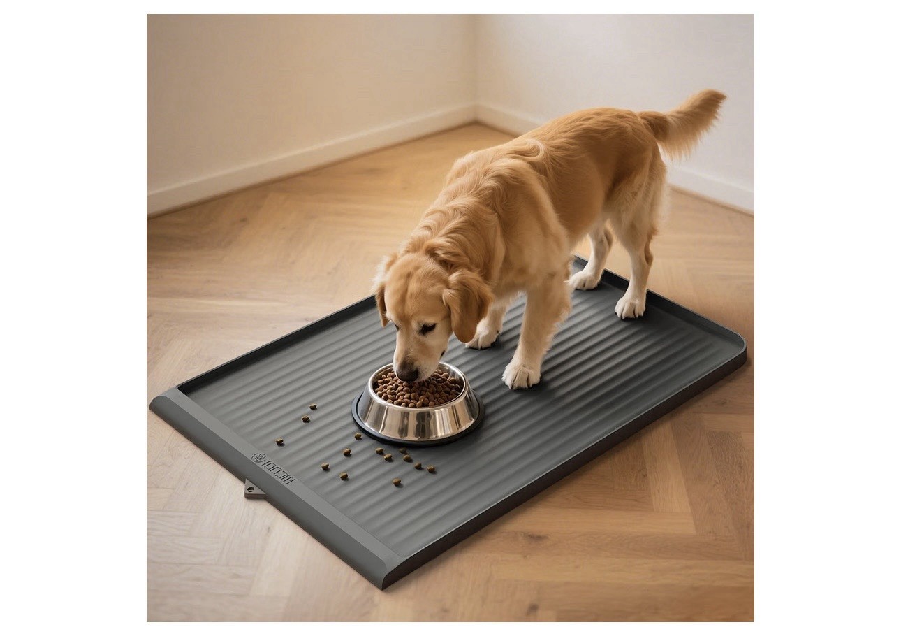 Dog Food Mat 36'x24', Waterproof Dog Bowl Mat, Grey | Raised Edges Prevent