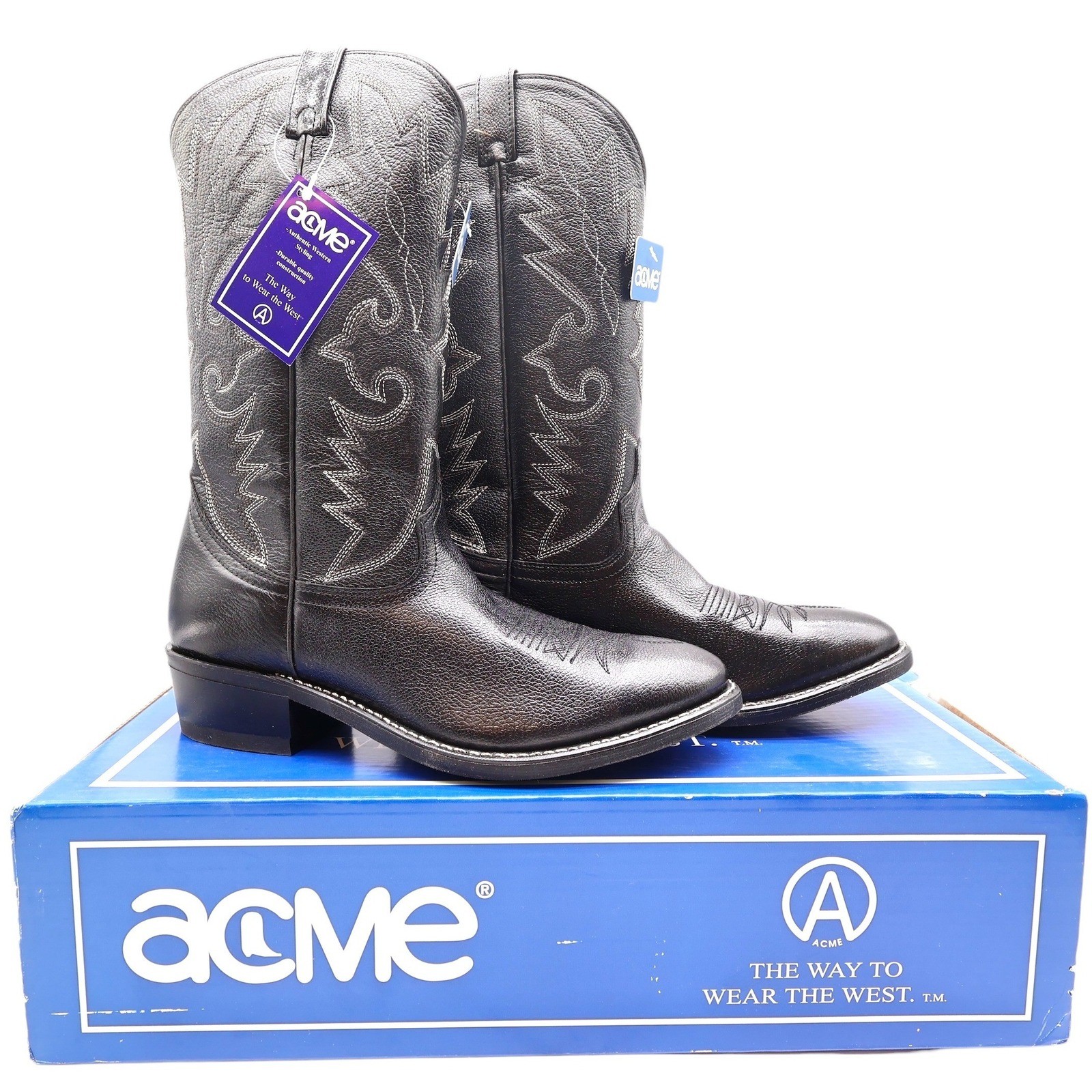 Acme Vintage Western Boots Mens 10.5 D Black Leather NWT AC205 Cowboy Deadstock