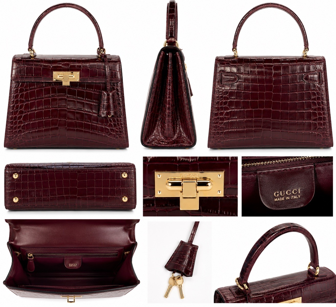 Vintage Gucci  Burgundy Crocodile Top Handle Bag Gold Hardware