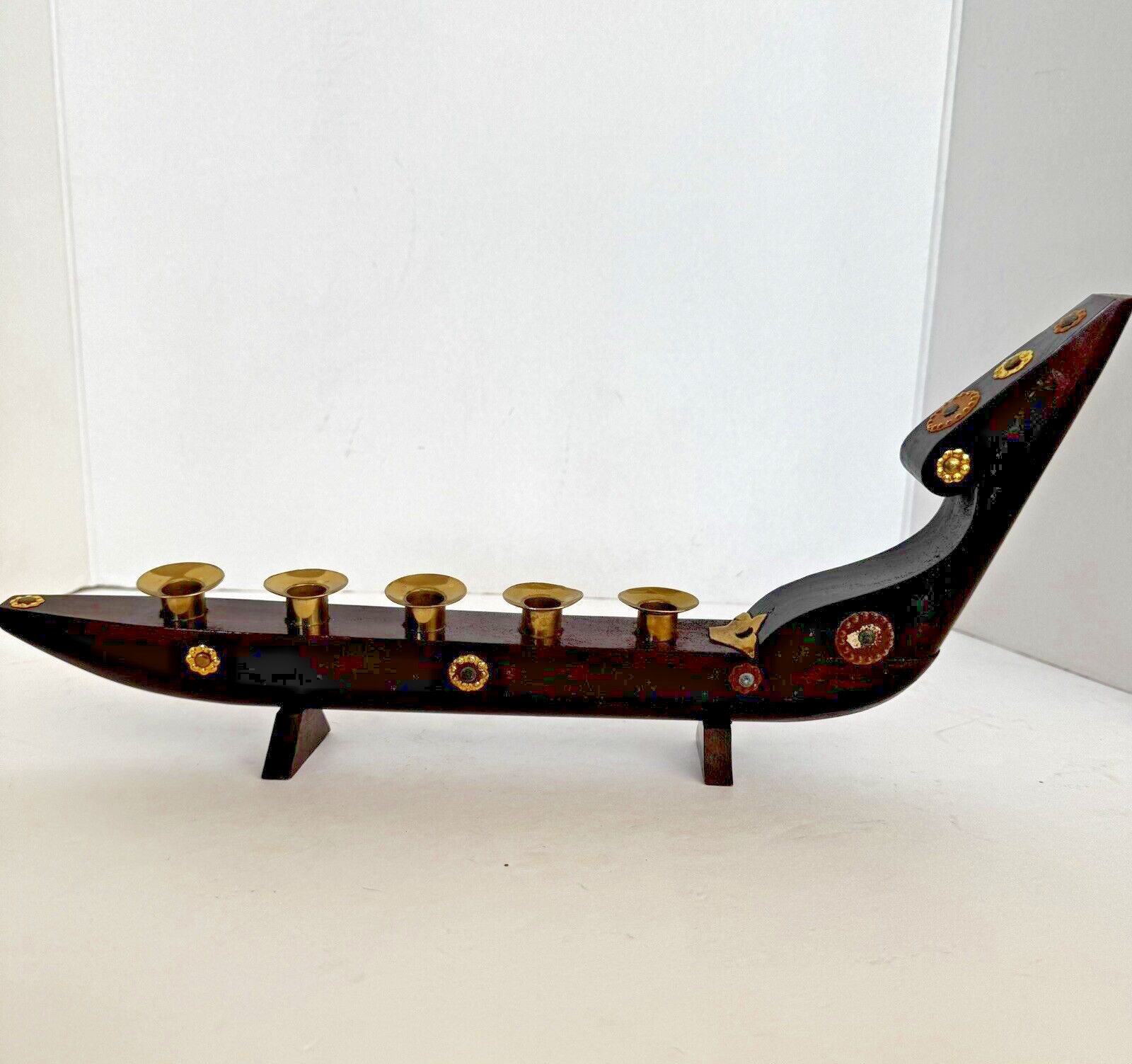 MCM Danish Modern Viking Ship Wooden Candle Holder Scandinavian Decor 15\