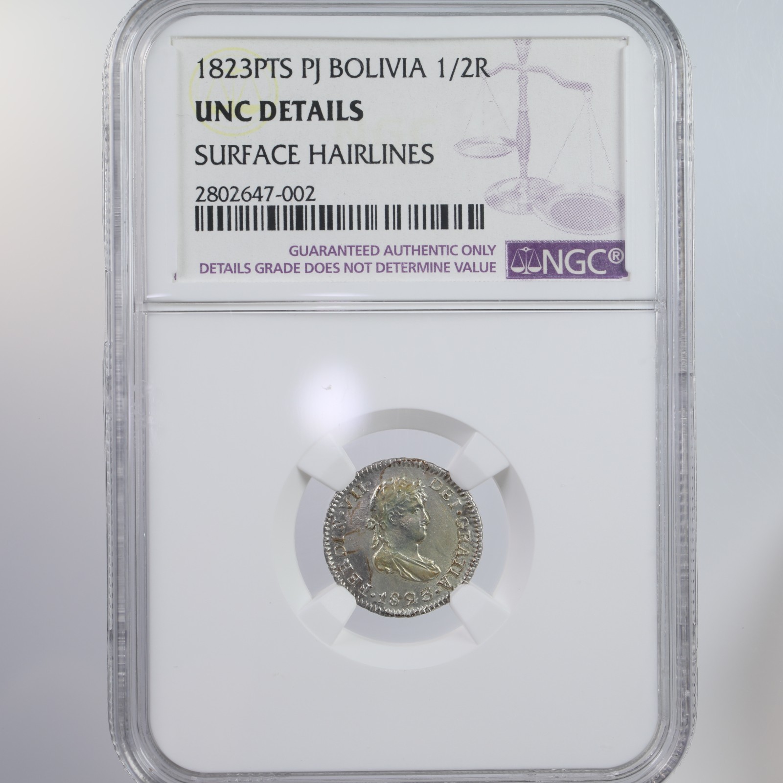 1823PTS PJ Bolivia 1/2R NGC Certified UNC Details Surface Hairlines