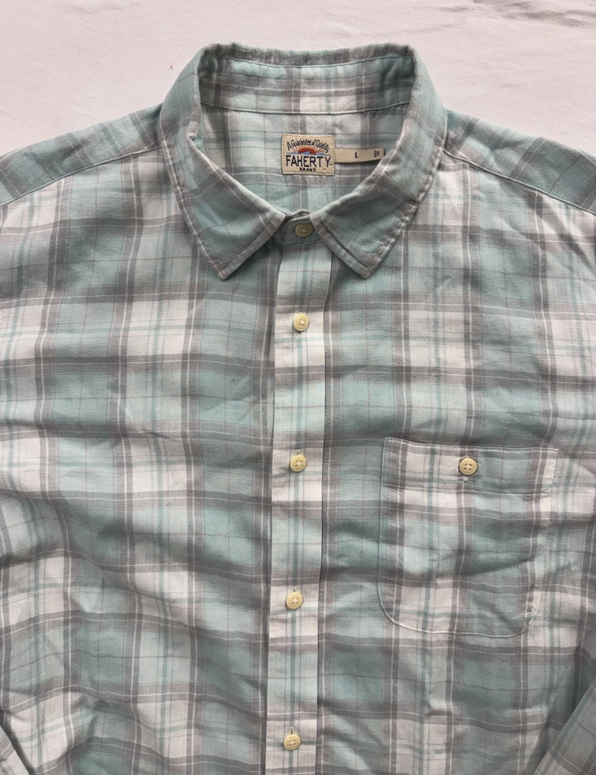 Faherty Brand Mens Blue Gray Plaid Organic Cotton Stretch Flannel Shirt Size L