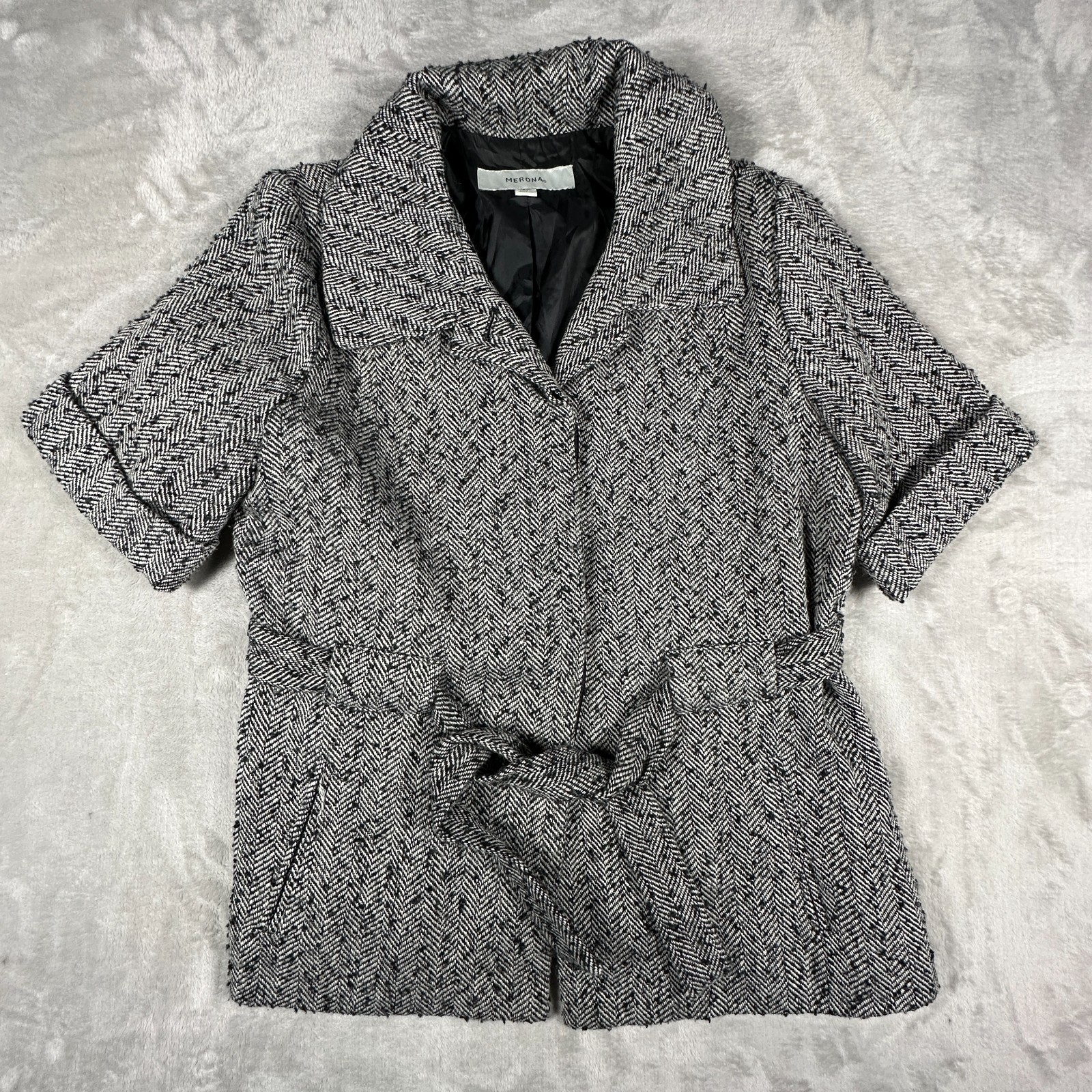 Merona Tweed Blazer Jacket Womens Medium Black Gray Herringbone Lined Belted