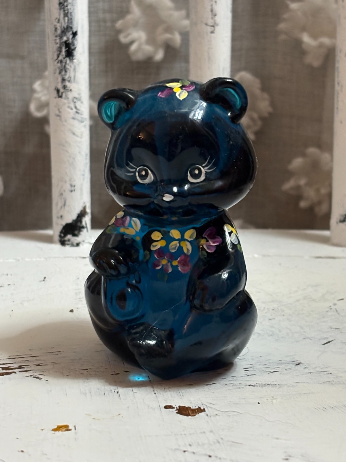 Vintage Fenton Cobalt Sitting Bear, Hand Painted and Signed-3.5 Vintage Fenton Cobalt Sitting Bear, Hand Painted and Signed-3.5