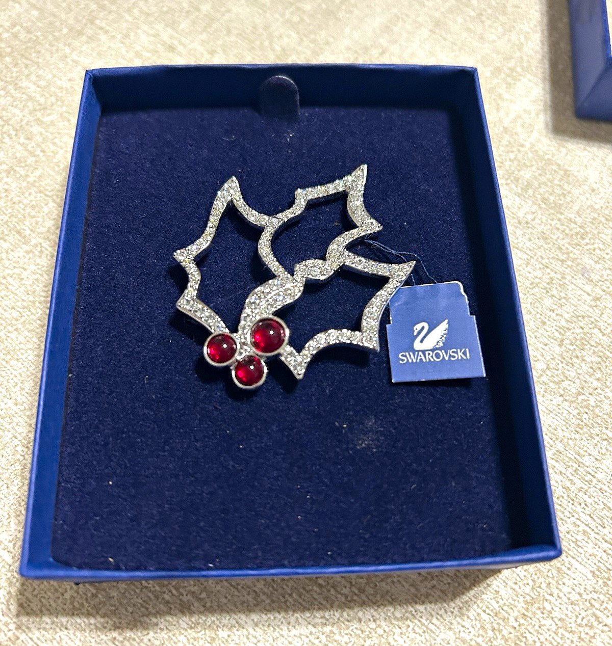 Swarovski Signed Holly Leaf Brooch Pin, Red Crystal Accents, Silver Metal Swarovski Signed Holly Leaf Brooch Pin, Red Crystal Accents, Silver Metal