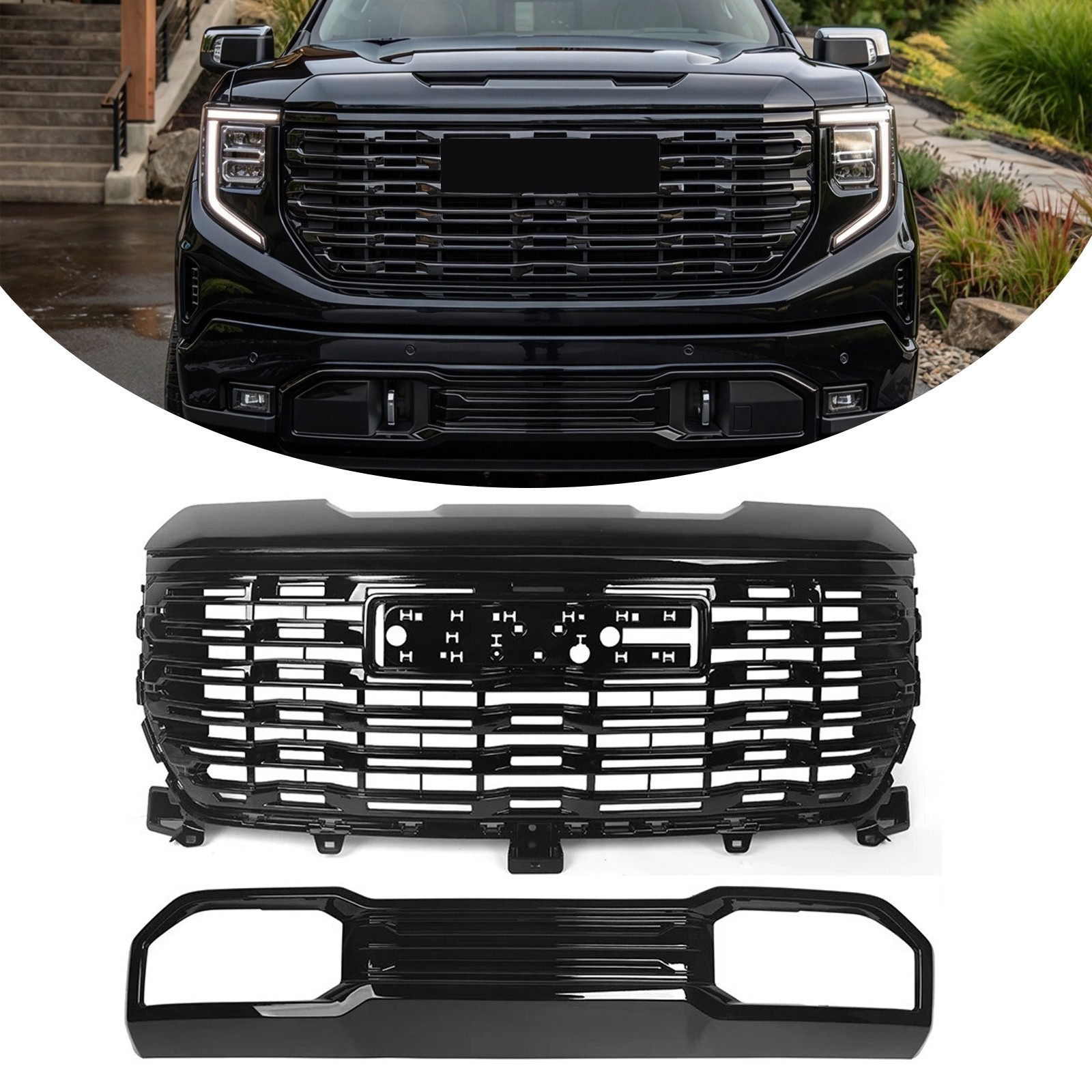 Gloss Black Fit For GMC Sierra 1500 Denali 2022-2026 Upper Lower Grille Assembly