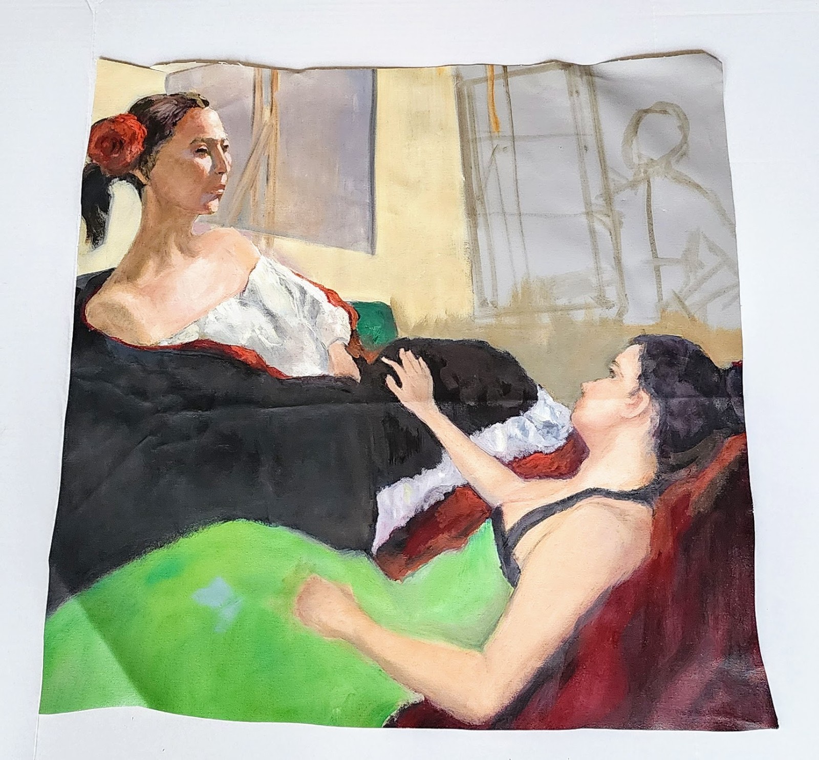 Original Two Women Figurative Painting Loose Heavy Canvas 26x25.5 OOAK