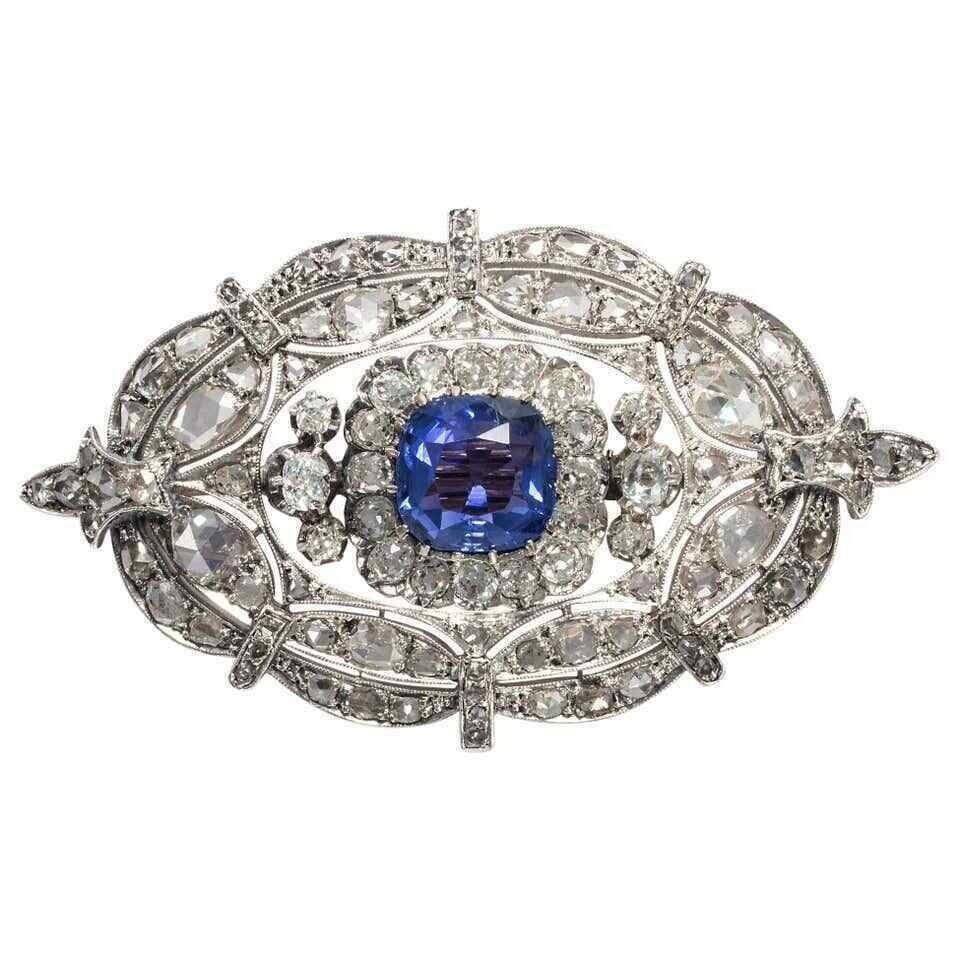 1910\'s Antique Victorian Circa 3 CT Blue Sapphire & 8.69 CT White CZ Fine Brooch