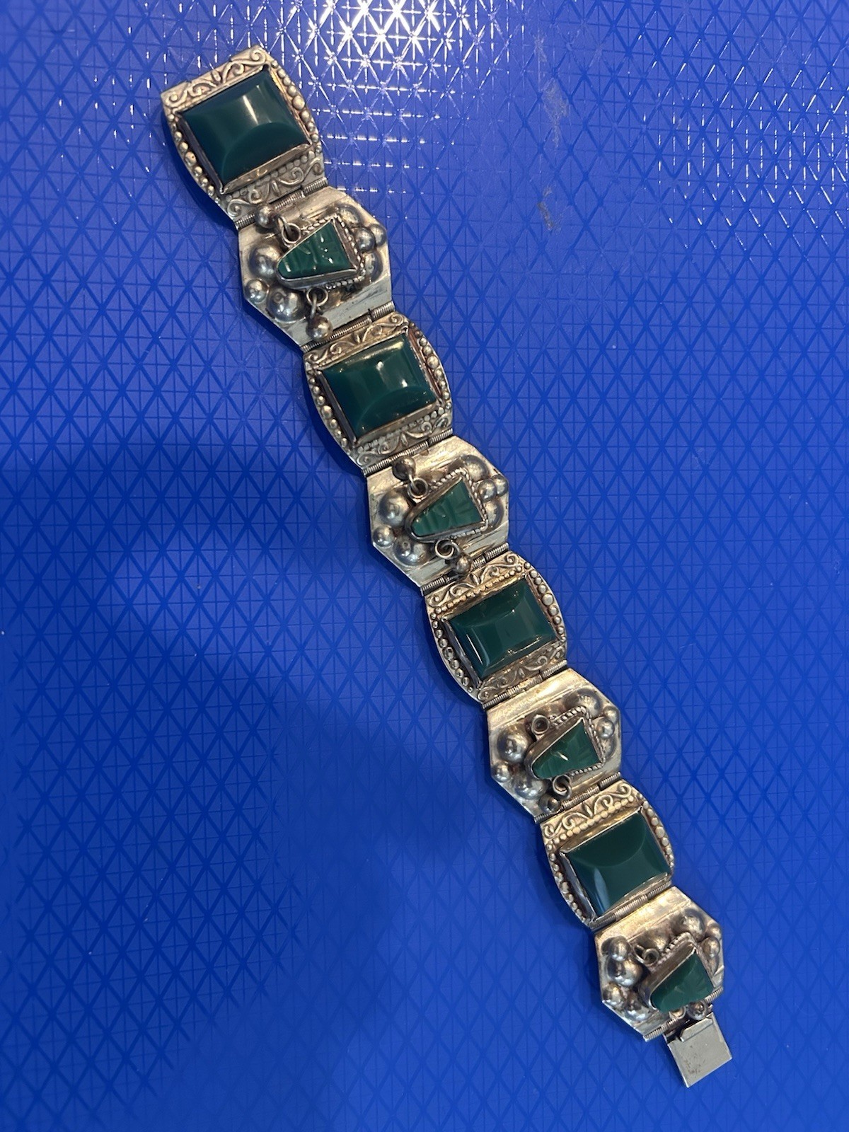 Vintage Hecho Mexico Green Onyx Sterling Silver Panel Bracelet 7 3/8”x1” Taxco