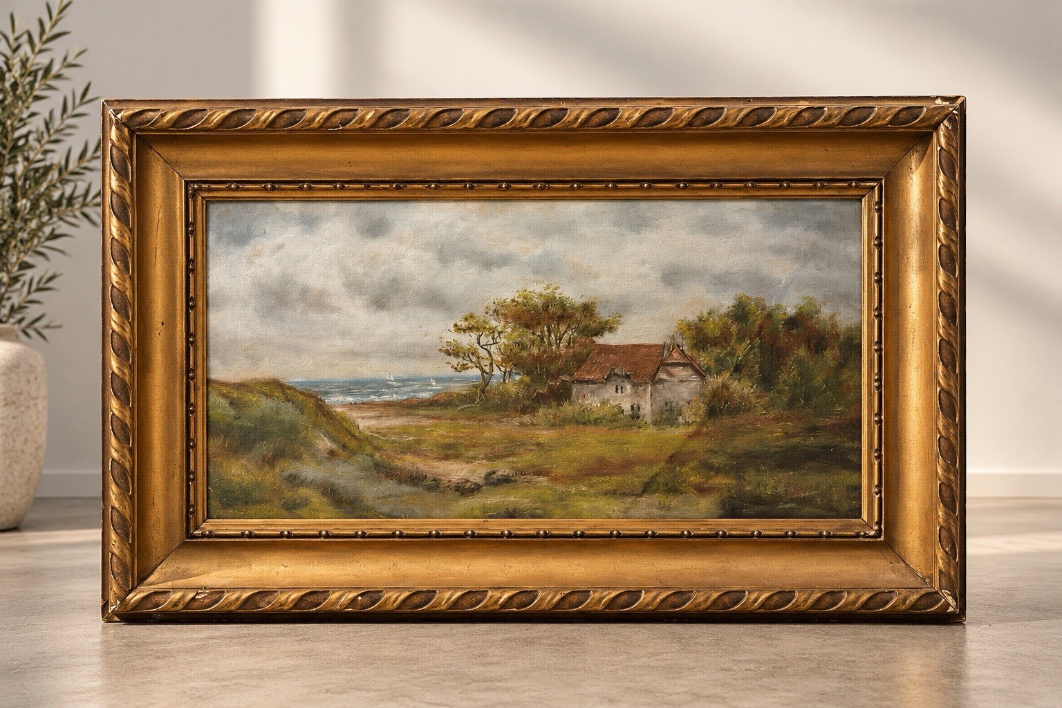 Antique Coastal Landscape Cottage Painting Signed Pastel Art Dated March 1944 Antique Coastal Landscape Cottage Painting Signed Pastel Art Dated March 1944