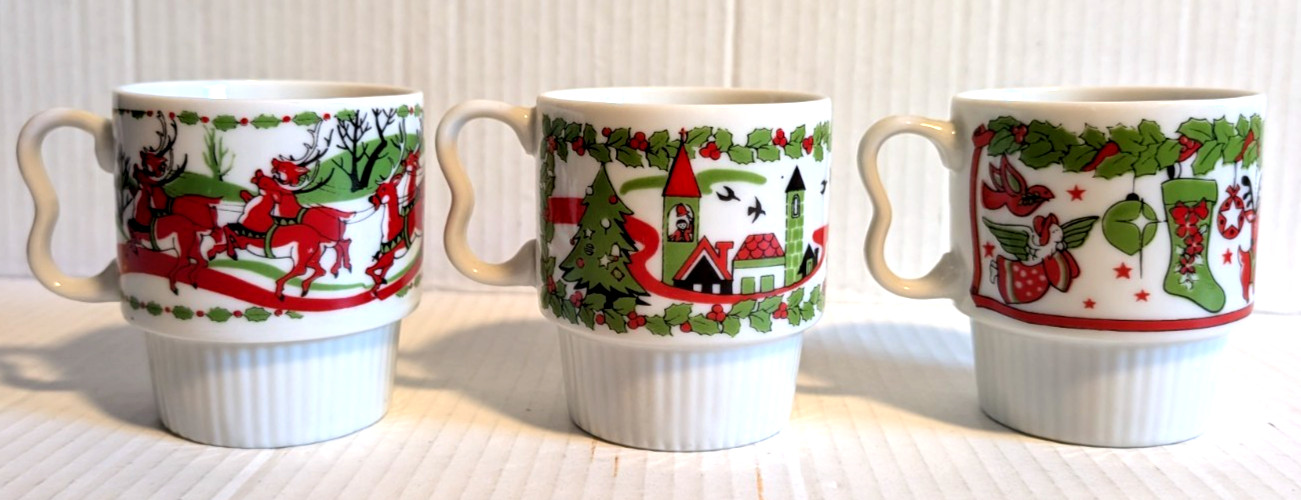 3 Vintage MCM Stacking Ceramic Christmas Mugs Trees Santa Reindeer - Japan