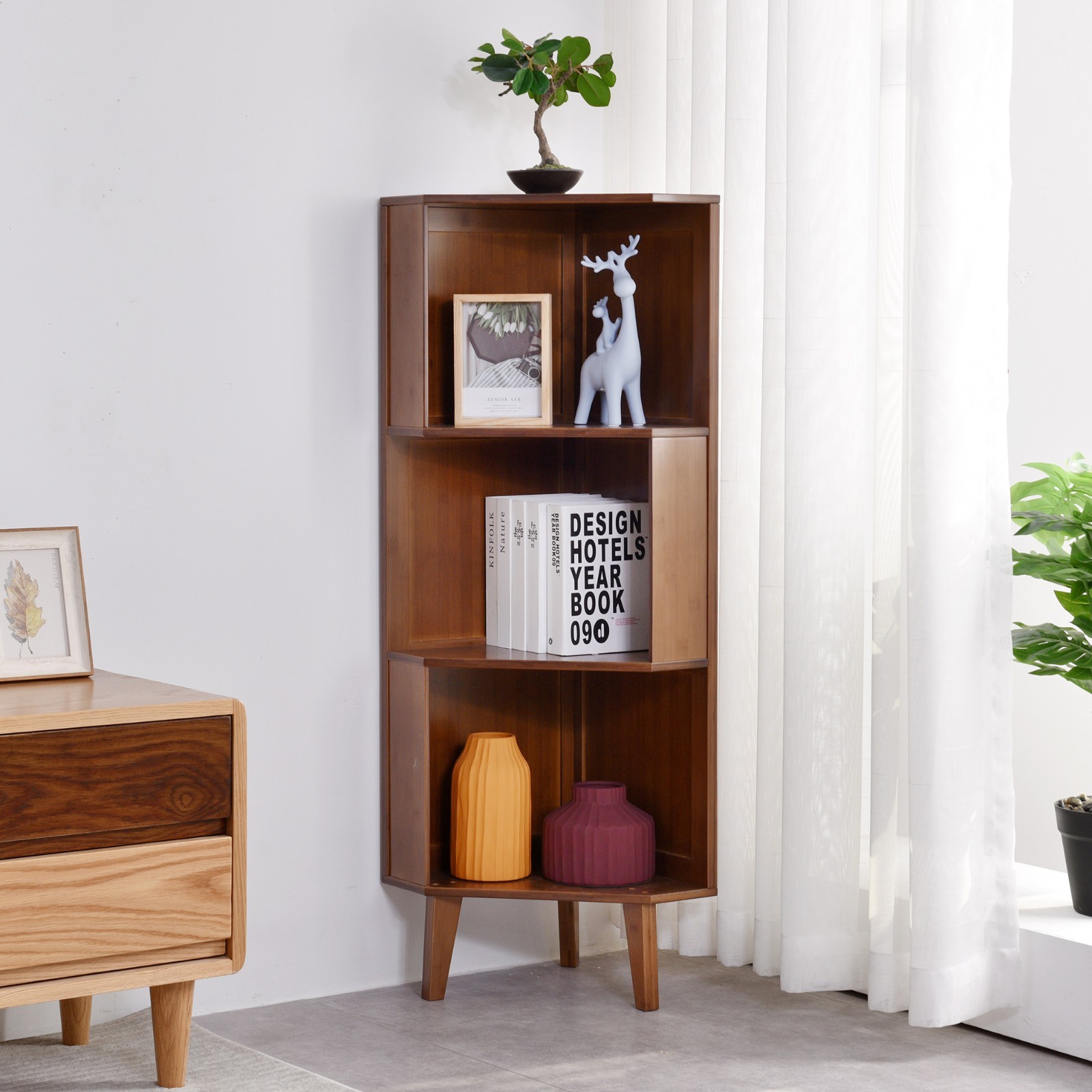 BALANBO Corner Bookshelf Display Bookcase Cabinet Solid Bamboo Shelf Organizer