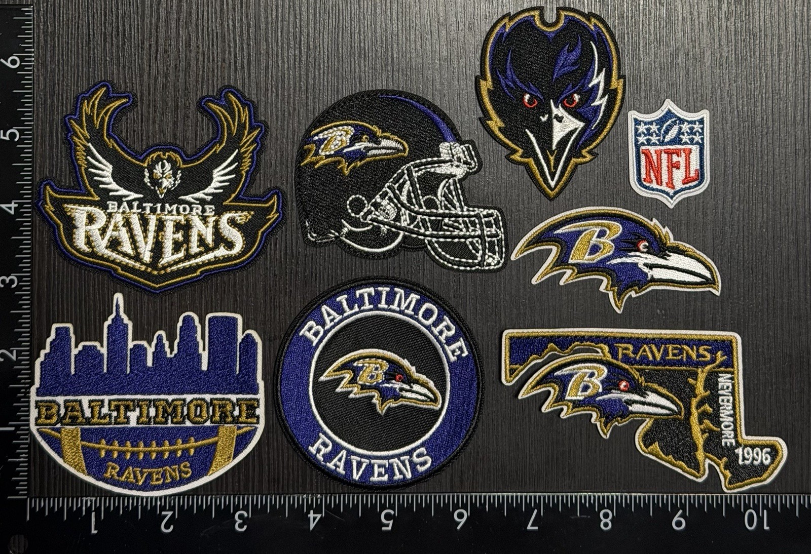 LOT OF 8 BALTIMORE RAVENS IRON ON EMBROIDERED PATCHES EVERYTHING IN PHOTO LOT OF 8 BALTIMORE RAVENS IRON ON EMBROIDERED PATCHES EVERYTHING IN PHOTO