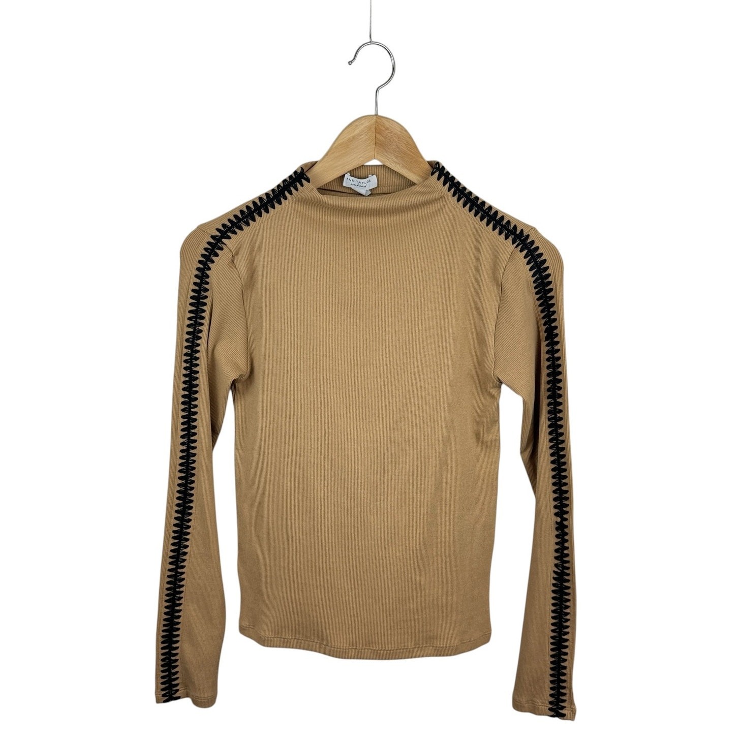 NWT Ann Taylor Crochet Trim Mock Neck Long Sleeve Tee XS Tan