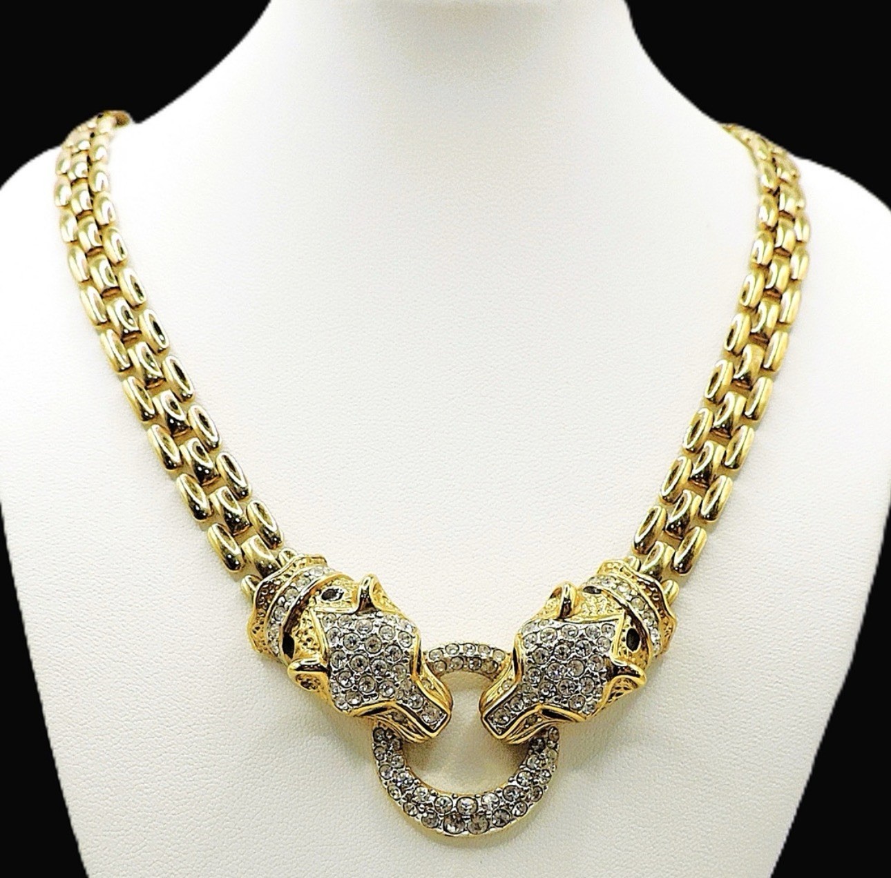 Vintage Attwood & Sawyer Double Headed Panther Swarovski Crystal Necklace
