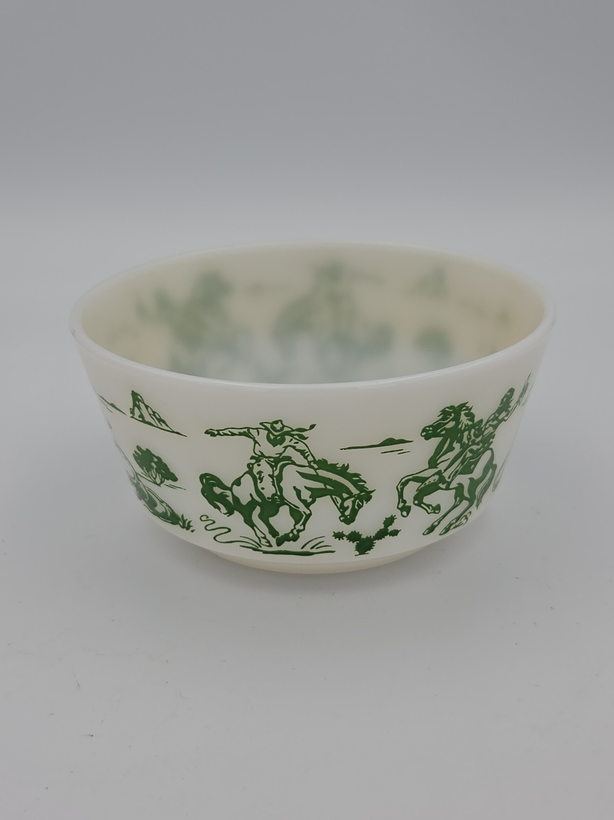 Vtg 1950s Hazel Atlas Milk Glass Cowboy Cereal Bowl Green Platonite Ranger Joe