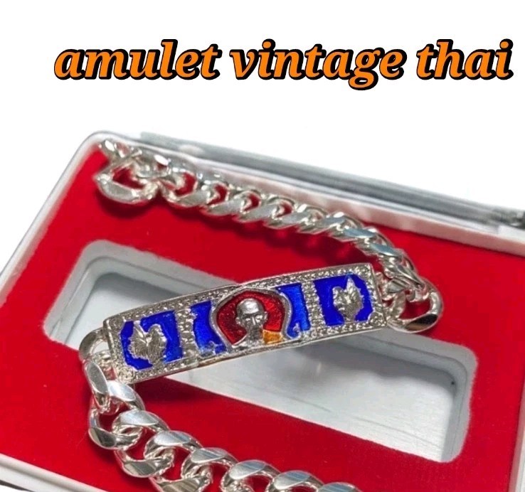 Vintage Thai Buddhist Amulet Bracelet Blue Enamel Religious Collectible - As Is