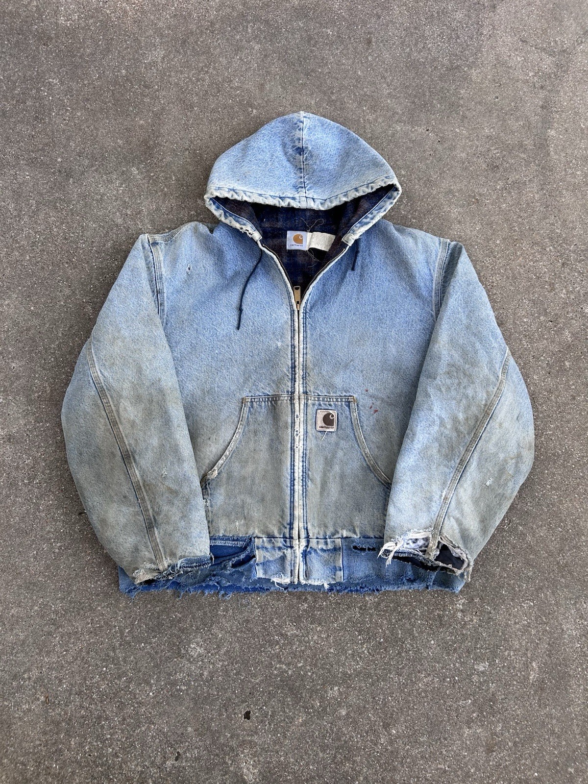 Vintage 90s Made In USA Carhartt Denim Hooded Flannel Lined Jacket Size 2XL J130