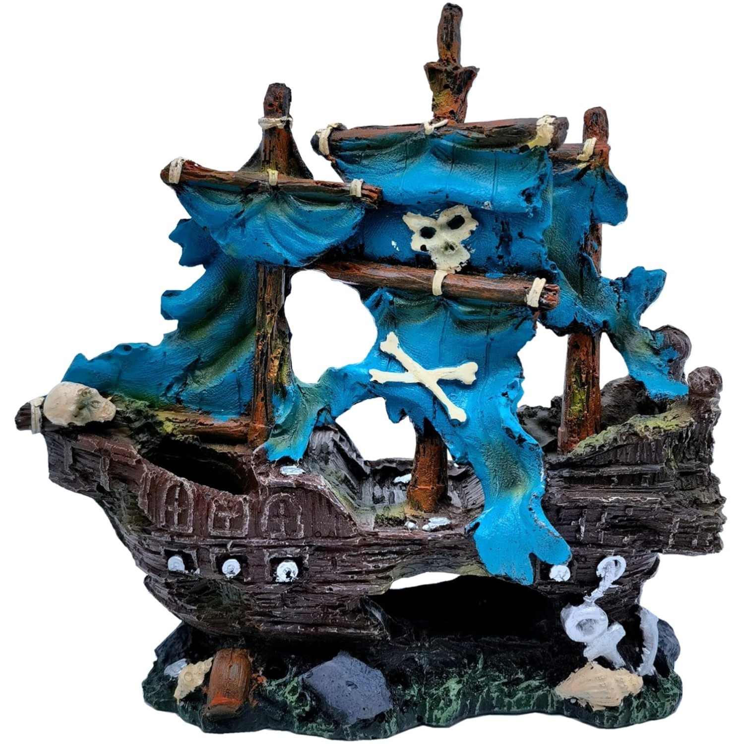 Stunning Vivid Blue Pirate Shipwreck Aquarium Decoration - Easy Clean & Safe