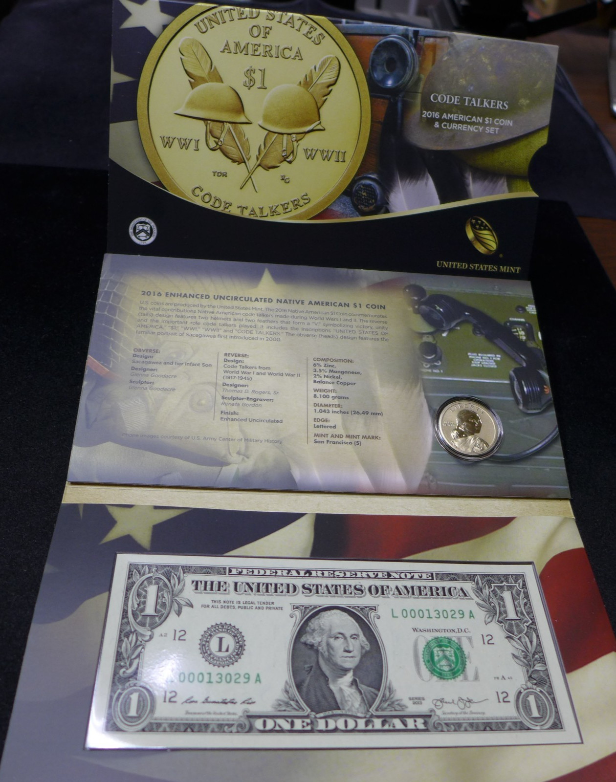 2016 Native American Code Talkers $1 S Enhanced Uncirculated Coin & Currency Set