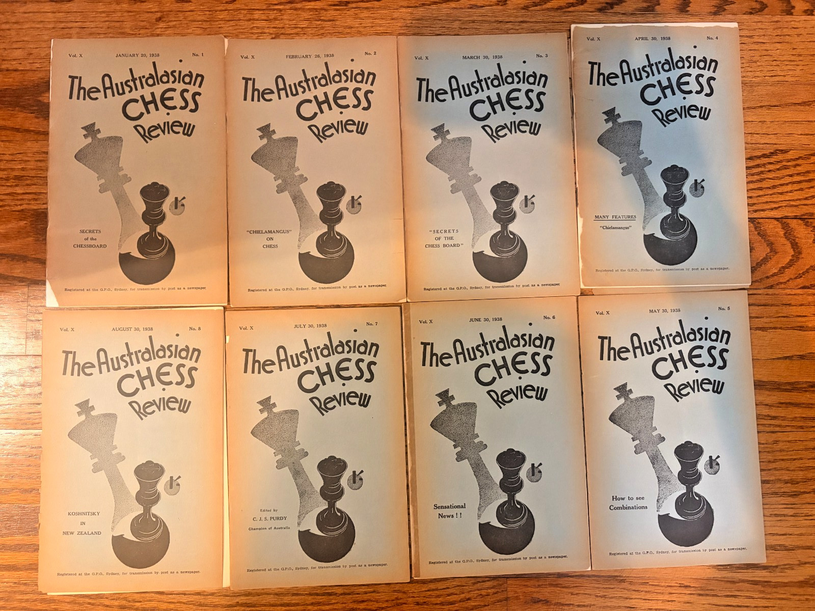 FREE SHIP LOT OF EIGHT Jan-Aug 1938 Australasian Chess Review Magazine Purdy