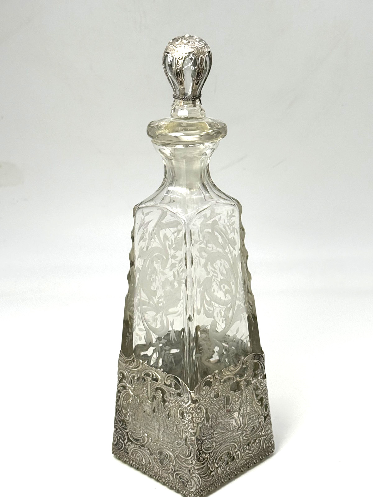 Antique 1890\'s  Hanau  800 Silver Overlay  High Relief Etched Decanter Bottle