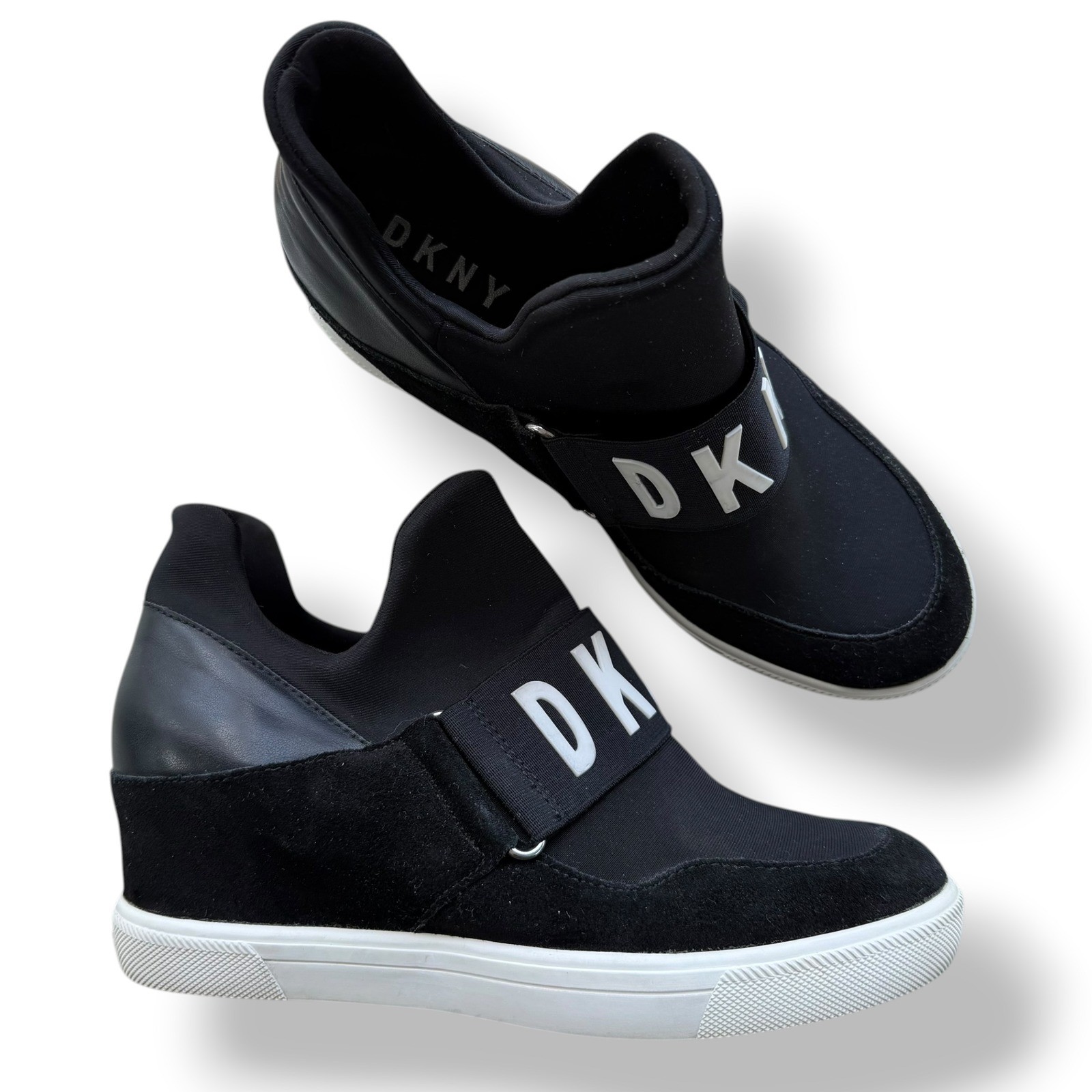 DKNY Women\'s 8.5M Black White Logo Strap Hidden Wedge Cosmos Sneakers Streetwear